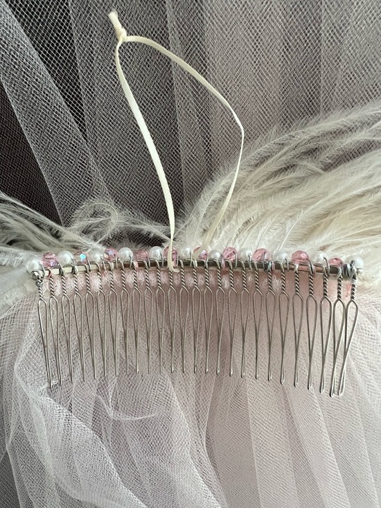 Custom Design - Pale Pink Layered Fingertip Length Veil with Ostrich Feather main image 4